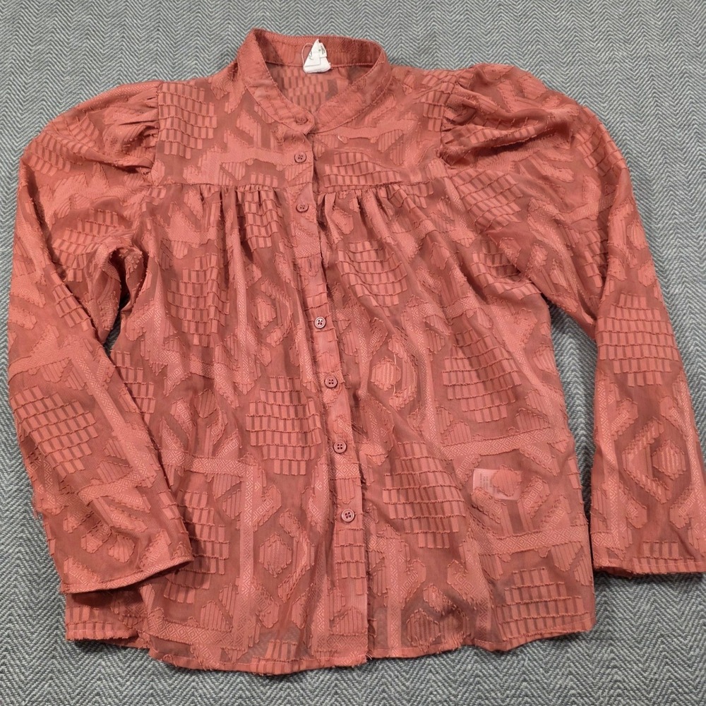Flawless Terracotta Geometric Sheer Puff Sleeve Button Down Blouse S TT9791CJ